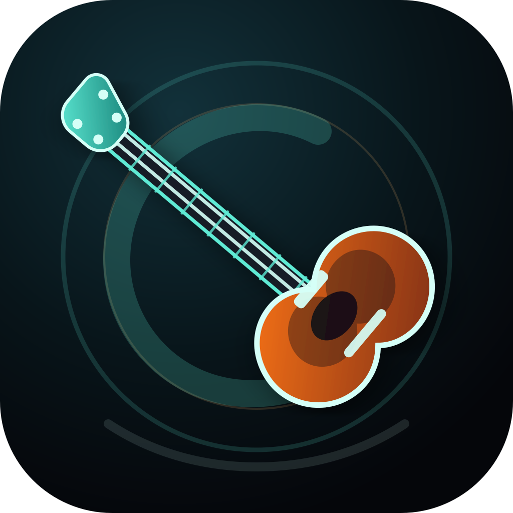 Illustrated electric bass in oxide orange and teal against a dark blue background.