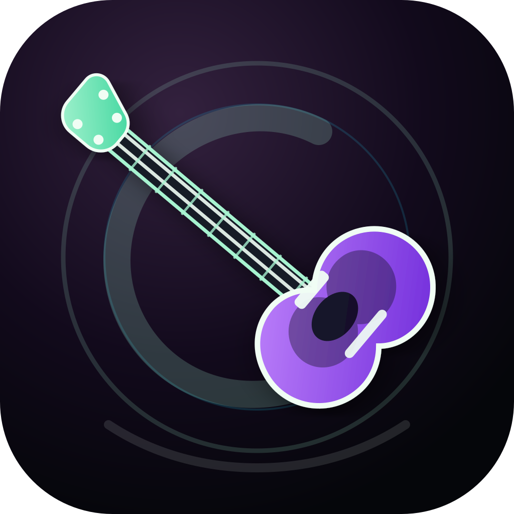 Illustrated electric bass in warm gold and mint against a plum-black background.
